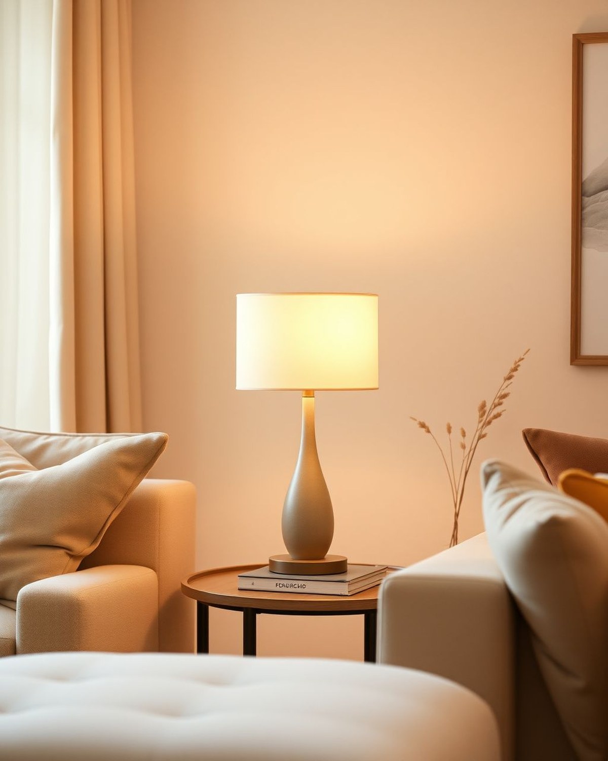 A minimalist touch-control table lamp with a simple drum shade glowing warm on a side table.