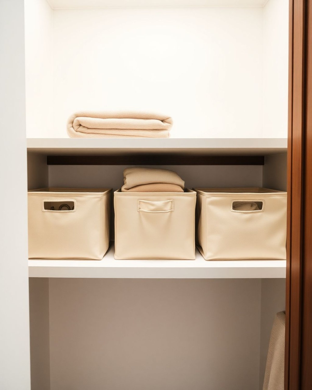 Six soft beige fabric cube bins with cut-out handles, sized for closet shelves and cube units, shown both collapsed flat and assembled.