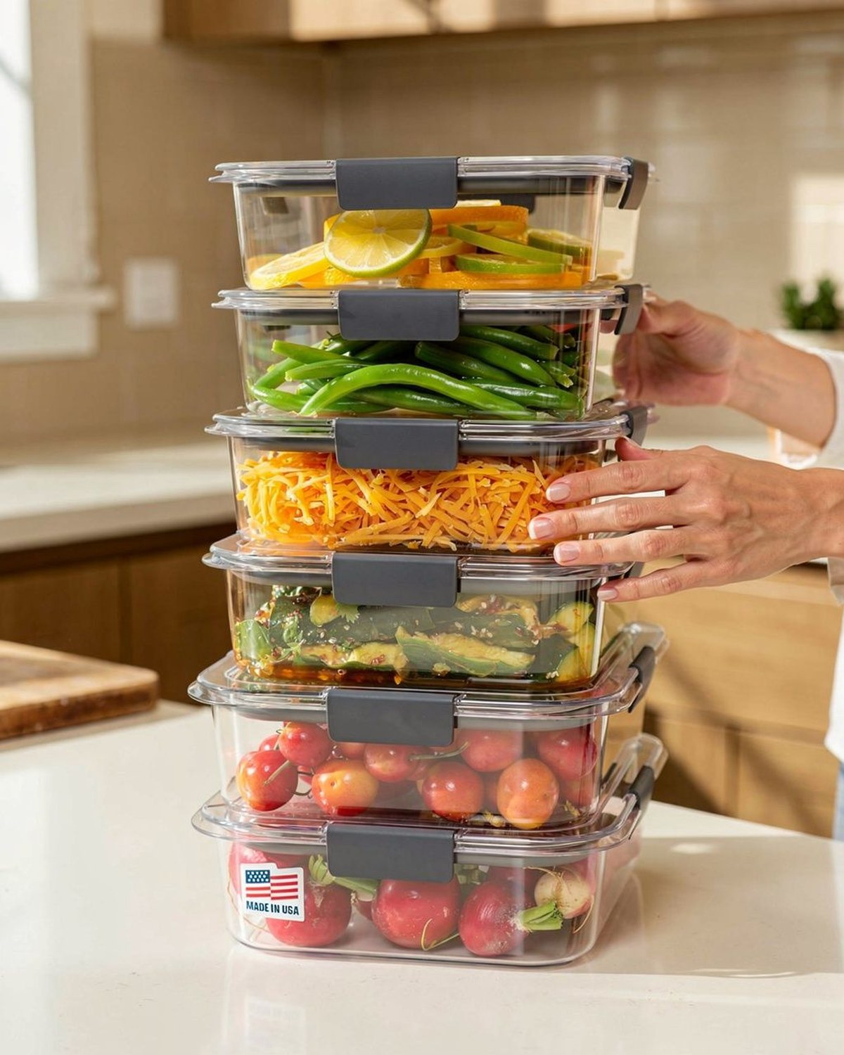 A nested set of crystal-clear food containers with latching clear lids, stacked in graduated sizes.