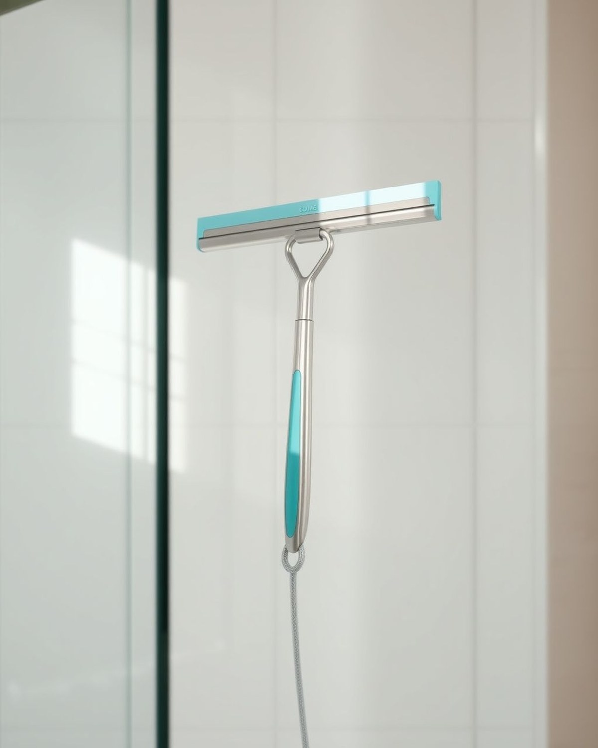 A stainless-steel shower squeegee with a hook, wiping a glass shower door clean.