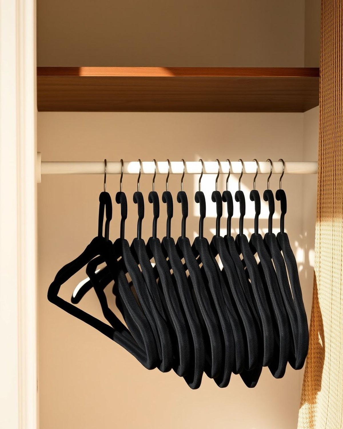 A dense row of slim black velvet-flocked hangers with chrome swivel hooks and a notched shoulder, packed tightly on a closet rod to show the space-saving profile.