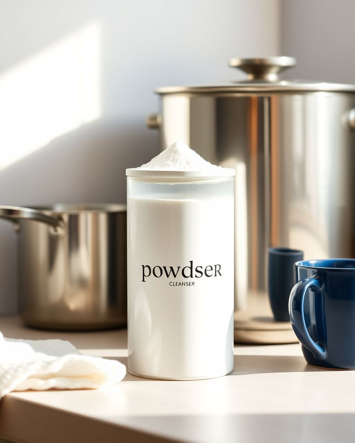 A canister of powdered cleanser beside a gleaming stainless pot.