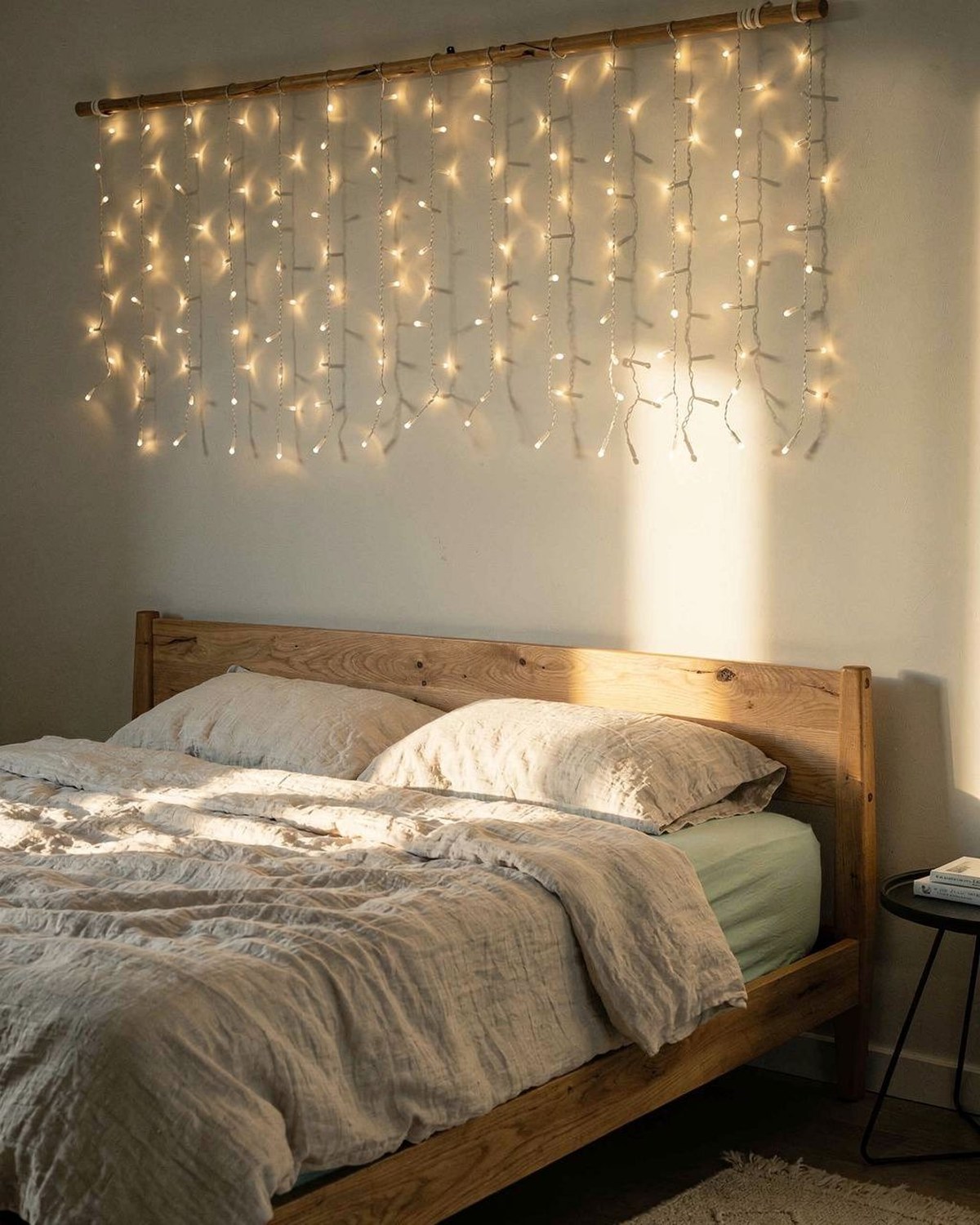 A long silver-wire string of warm fairy lights draped along a wall and bed frame, glowing against a cozy bedroom backdrop.