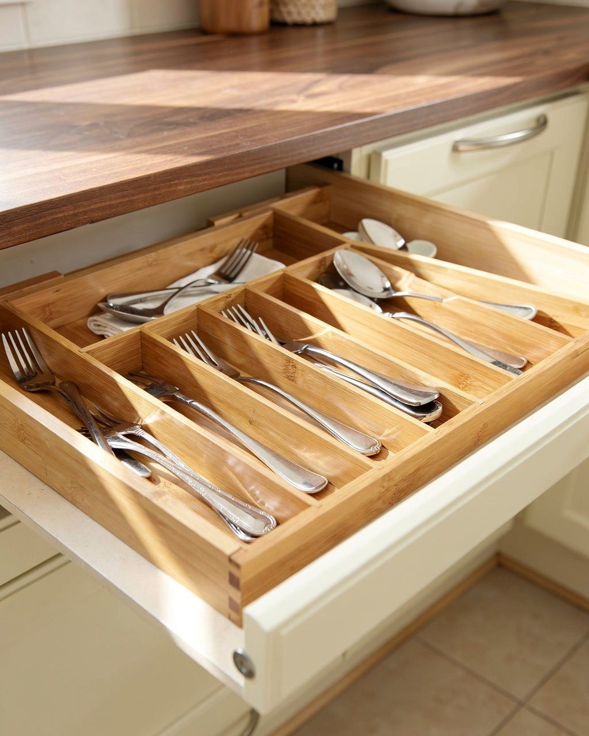 A honey-toned bamboo utensil tray with nine deep angled slots, photographed filled with neatly arranged flatware.
