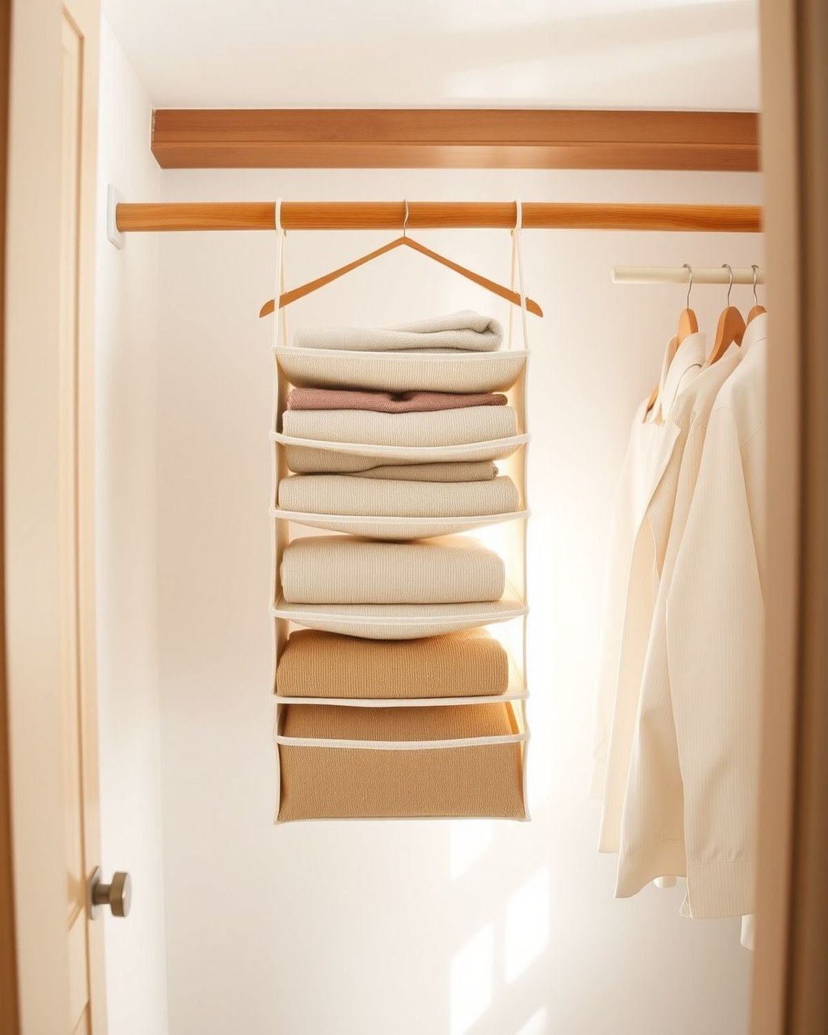 A gray fabric 5-shelf organizer hanging from a closet rod with two side hooks, holding folded sweaters and handbags vertically.