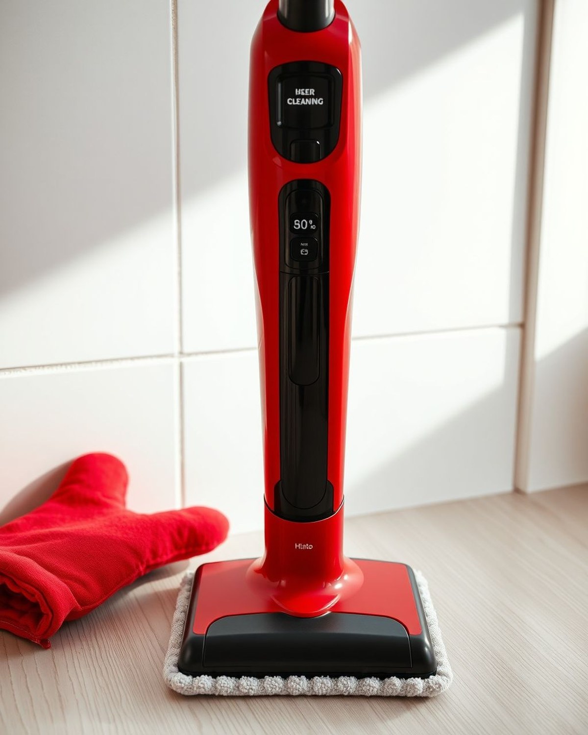 A battery-powered handheld scrubber with an oscillating head cleaning grout/tile.