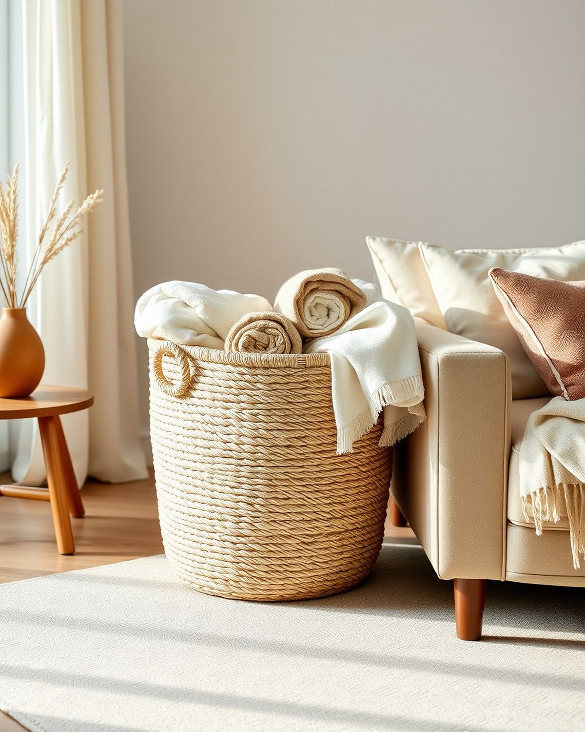 A large natural woven cotton-rope basket holding rolled blankets beside a sofa.