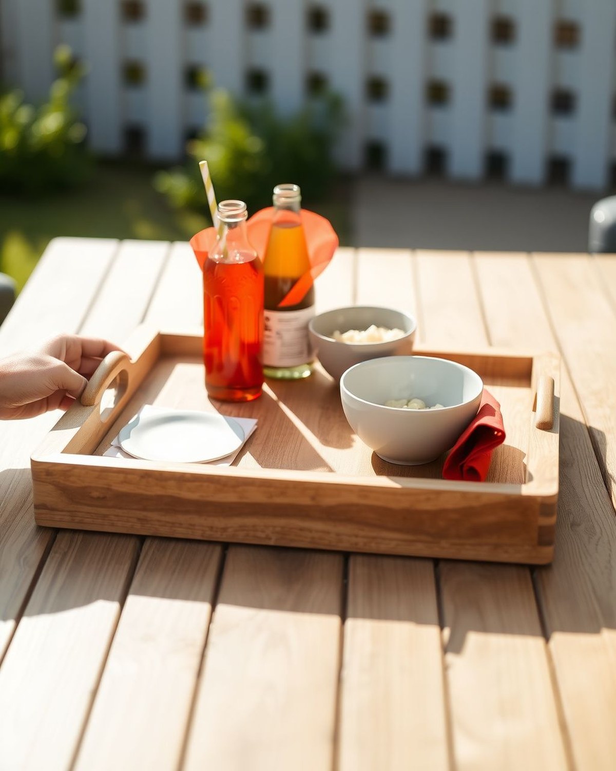 A rectangular acacia-wood tray with cut-out handles holding drinks and snacks, carried out to a patio table.