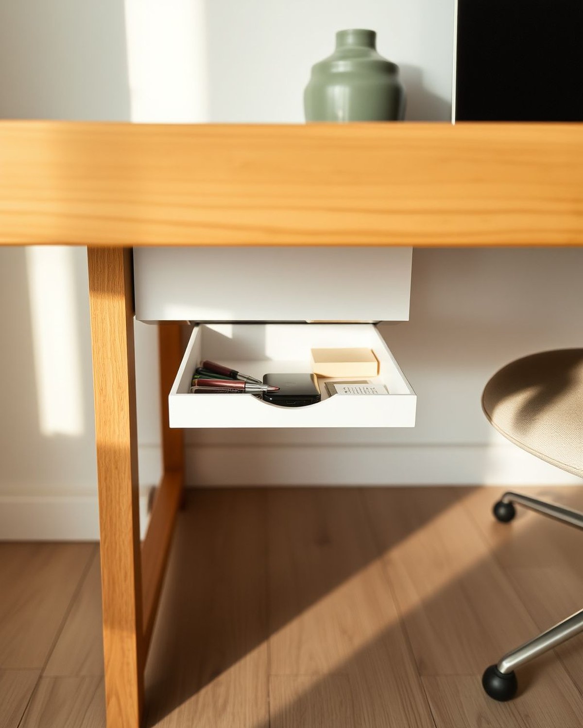 Two slim white slide-out drawers stuck to the underside of a desktop, one pulled open to reveal pens, sticky notes, and chargers hidden away.