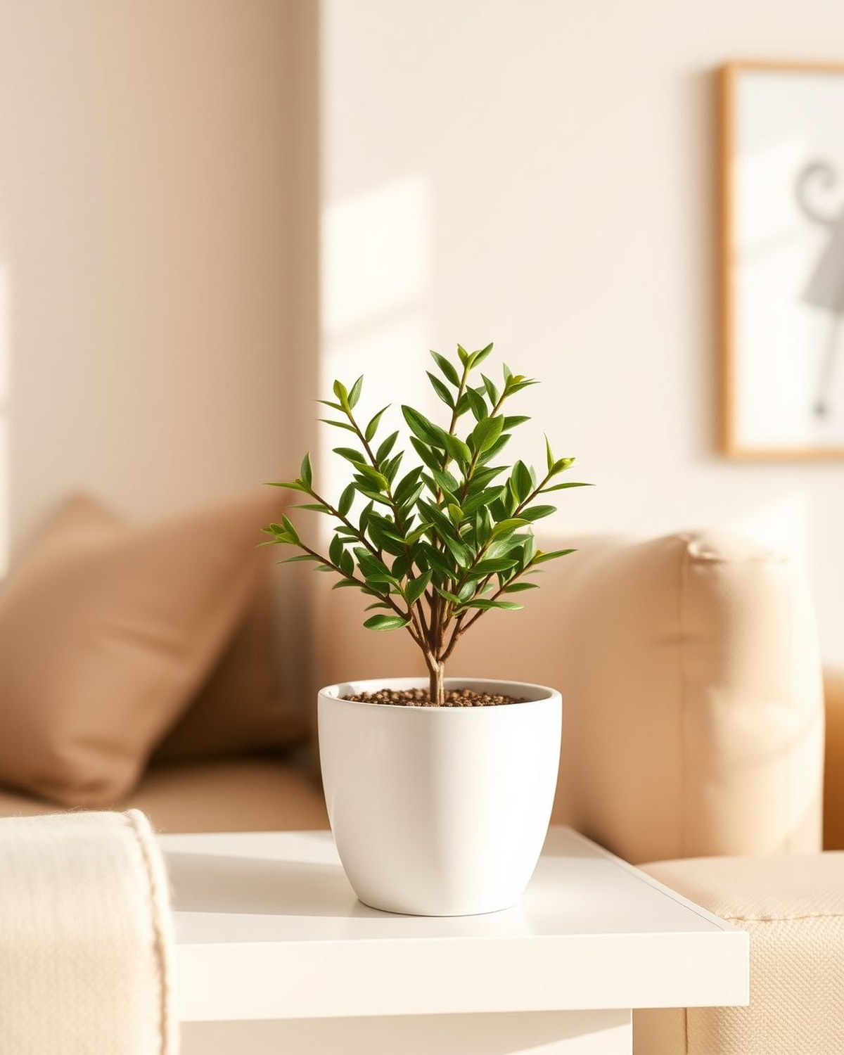 A small artificial green plant in a minimalist white ceramic pot for tabletop or shelf styling.