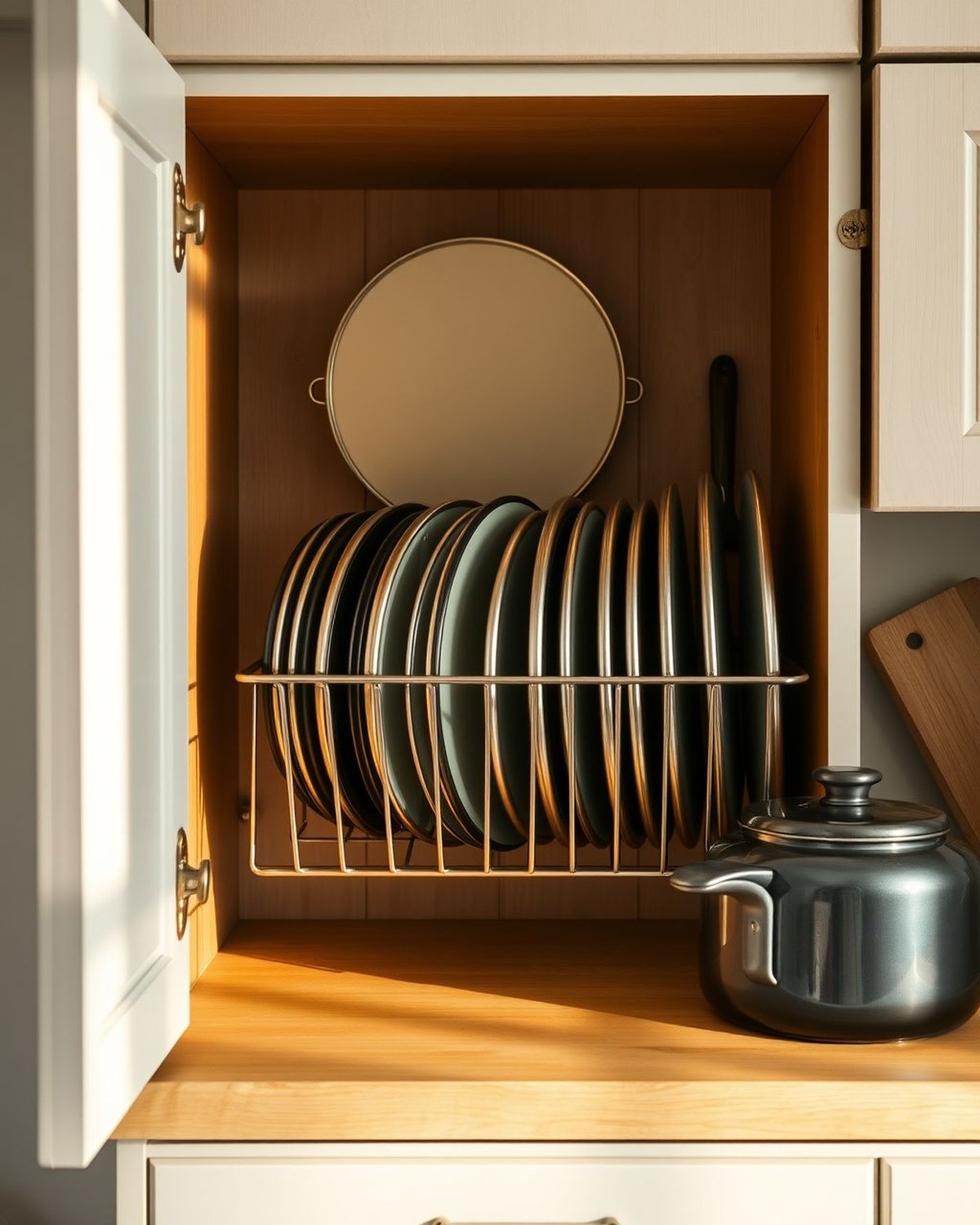An adjustable metal rack holding pot lids upright in separated slots inside a cabinet.