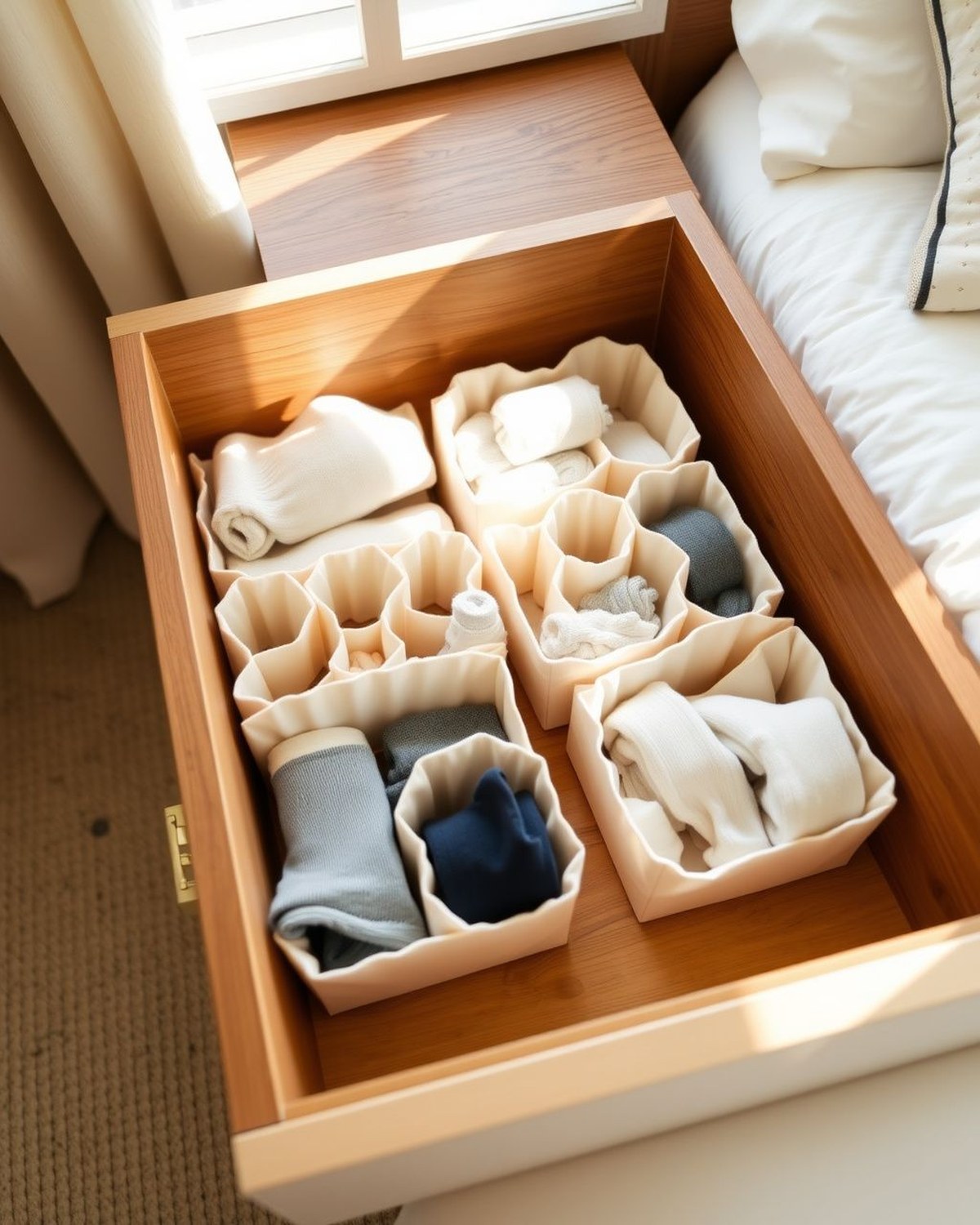 Three gray honeycomb-cell fabric drawer inserts filled with rolled socks, underwear, and ties inside a dresser drawer.