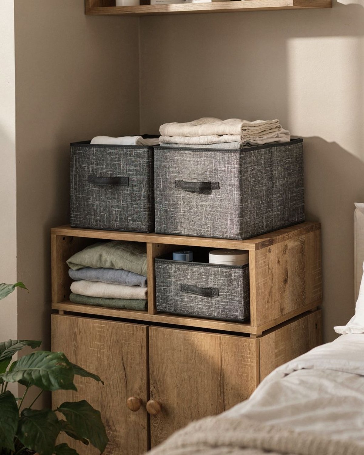 A set of soft non-woven fabric storage cubes with dual handles, shown folded flat and assembled holding folded clothes and supplies.