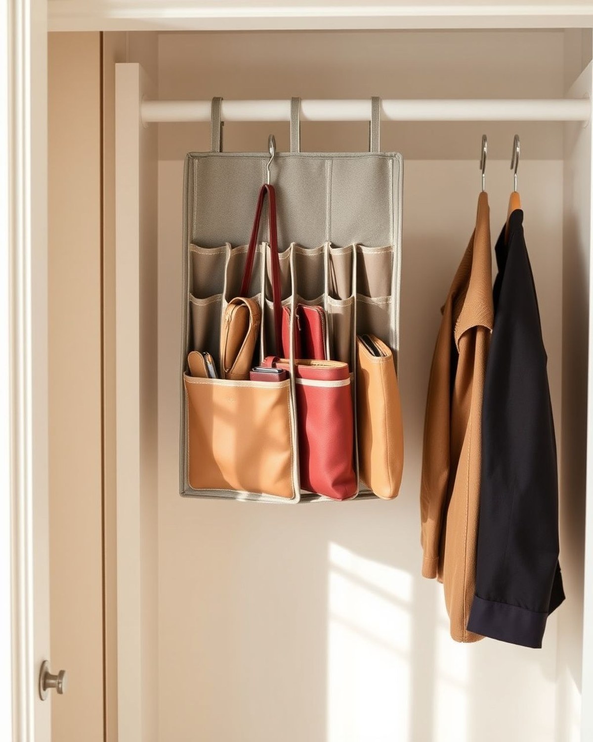 Two felt hanging strips with eight clear-window compartments each, hung from the closet rod and holding handbags and clutches upright in a neat vertical row.
