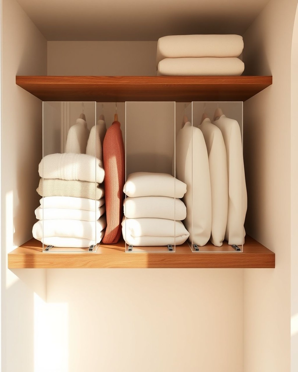 Six clear acrylic T-shaped shelf dividers slotted onto a wood closet shelf, separating stacks of folded sweaters and handbags into upright vertical sections.