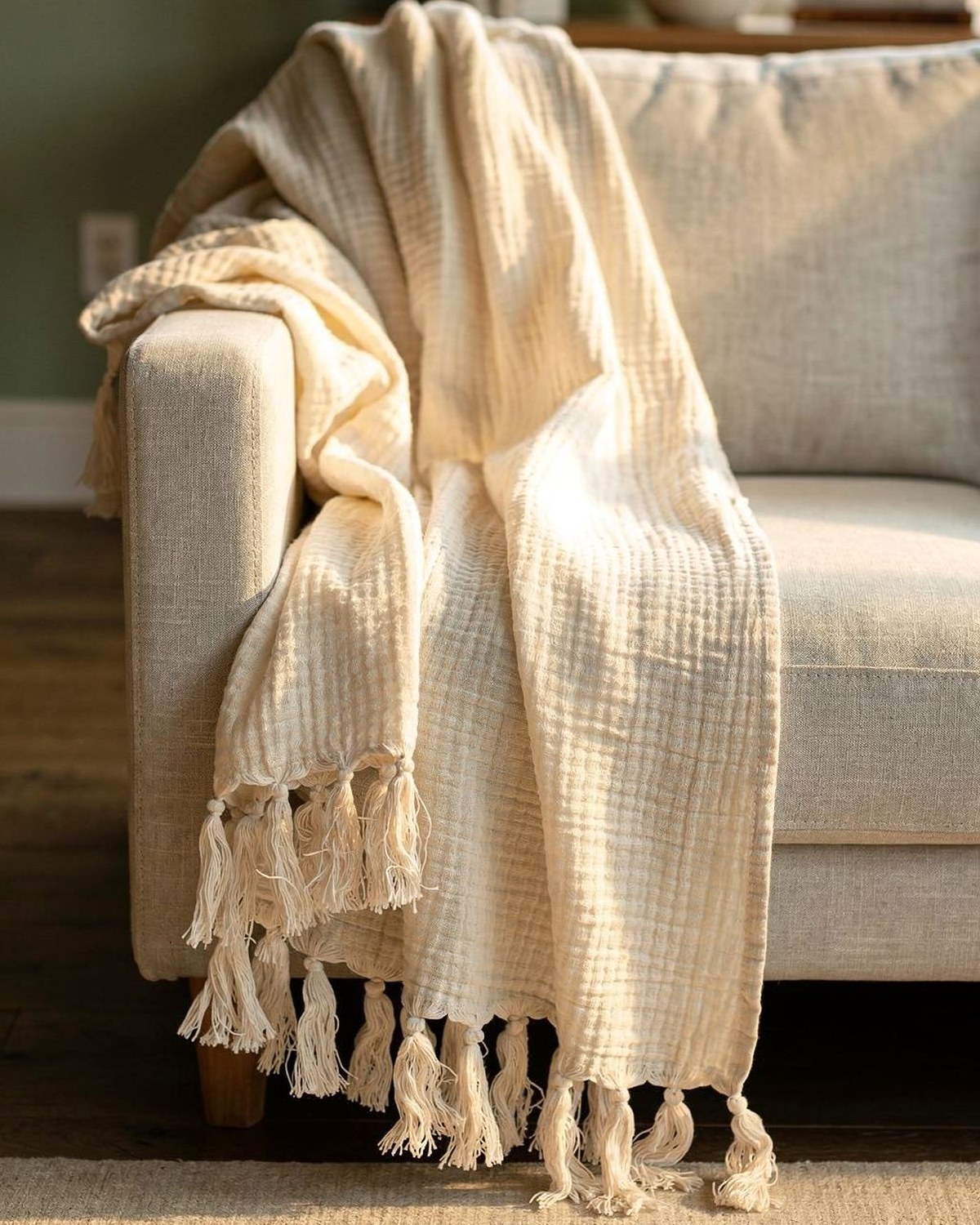 A gauzy four-layer cotton muslin throw with tasseled corners draped loosely over a sofa arm.