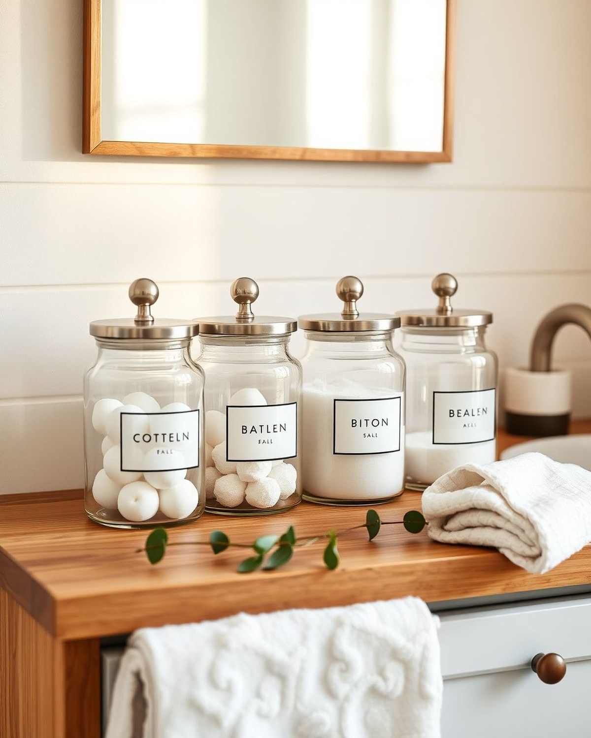Four clear glass canisters with brushed-steel lids holding cotton balls, swabs, and makeup sponges, lined up on a vanity.