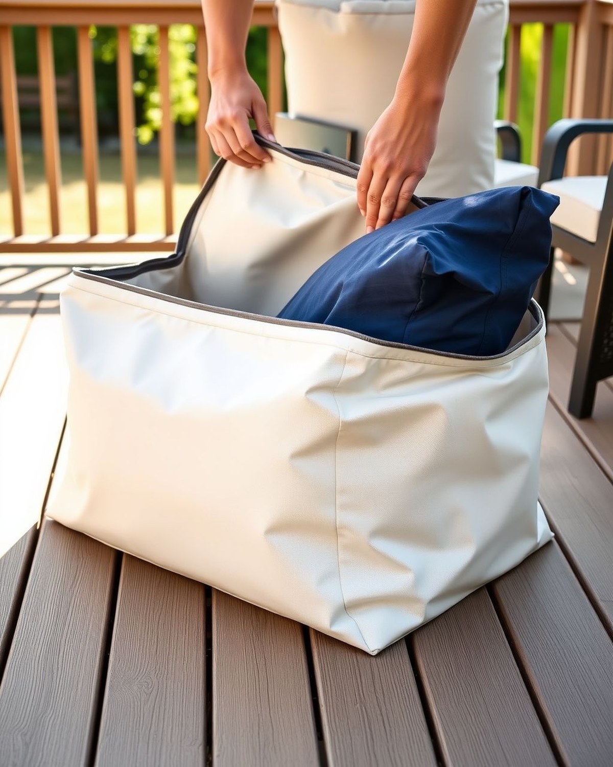 A large brown zippered fabric storage bag with side handles, packed with patio cushions, sitting on a deck.