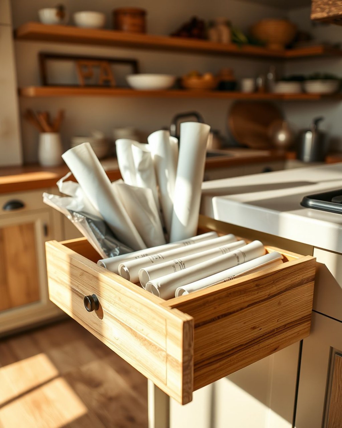 A bamboo drawer organizer holding plastic wrap, foil, and parchment rolls with built-in cutters.