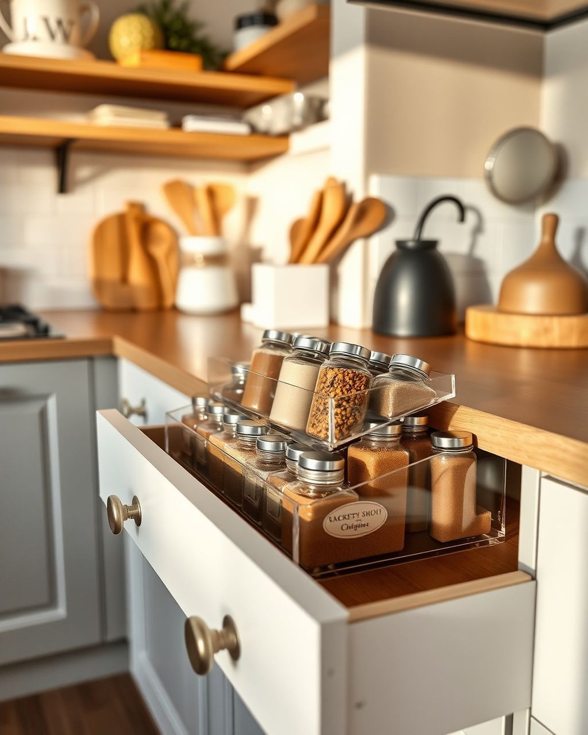 Clear acrylic tiered drawer inserts holding spice jars at an angle so labels are visible.