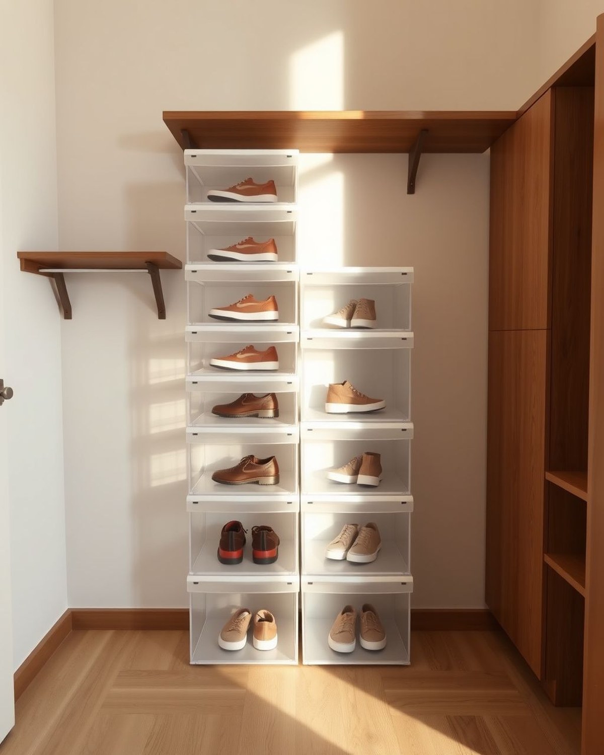 A stacked wall of clear plastic shoe boxes with front-opening lids, each holding a single visible pair, forming a tidy transparent shoe column in a closet.
