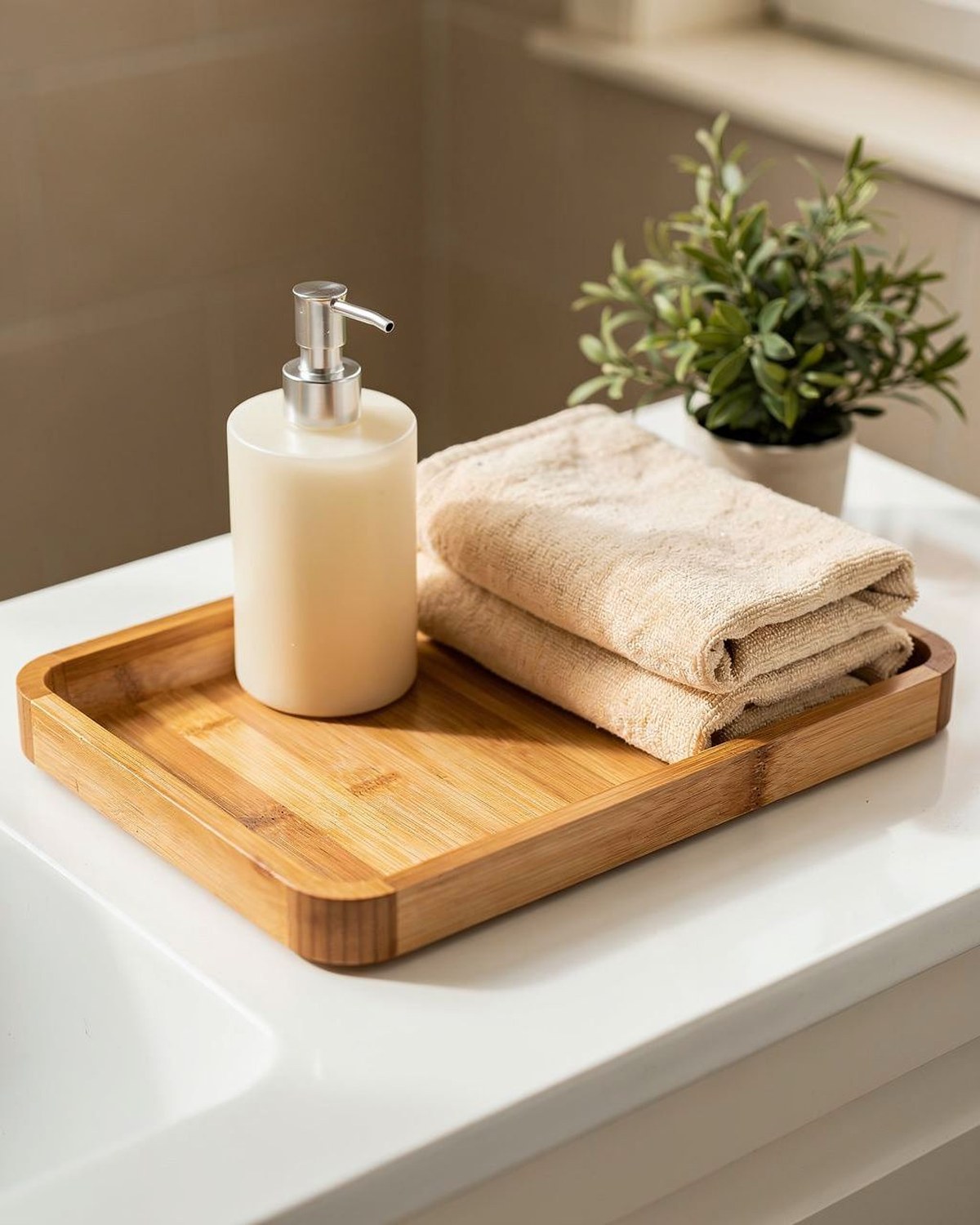 A rectangular natural-bamboo tray with low rails corralling hand soap, a small plant, and folded hand towels on a sink counter.
