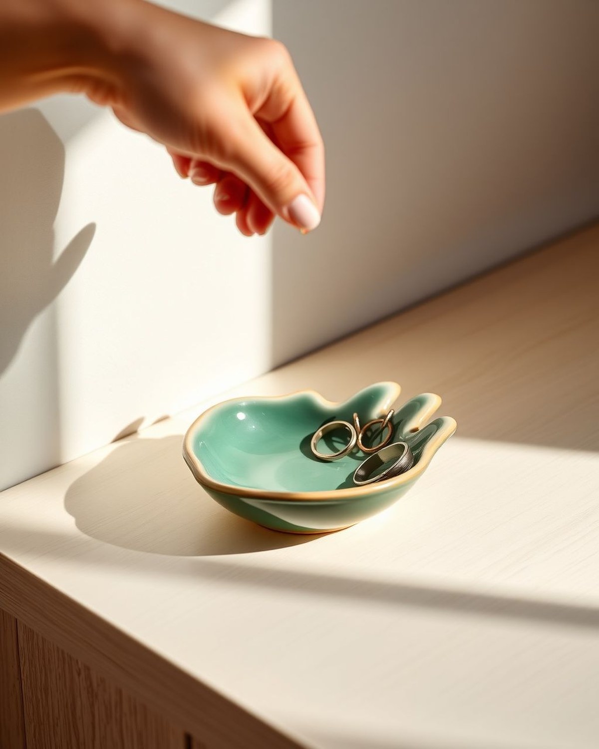 A small glossy ceramic catch-all dish with a sculpted hand-shaped rim holding rings and earrings on a vanity.