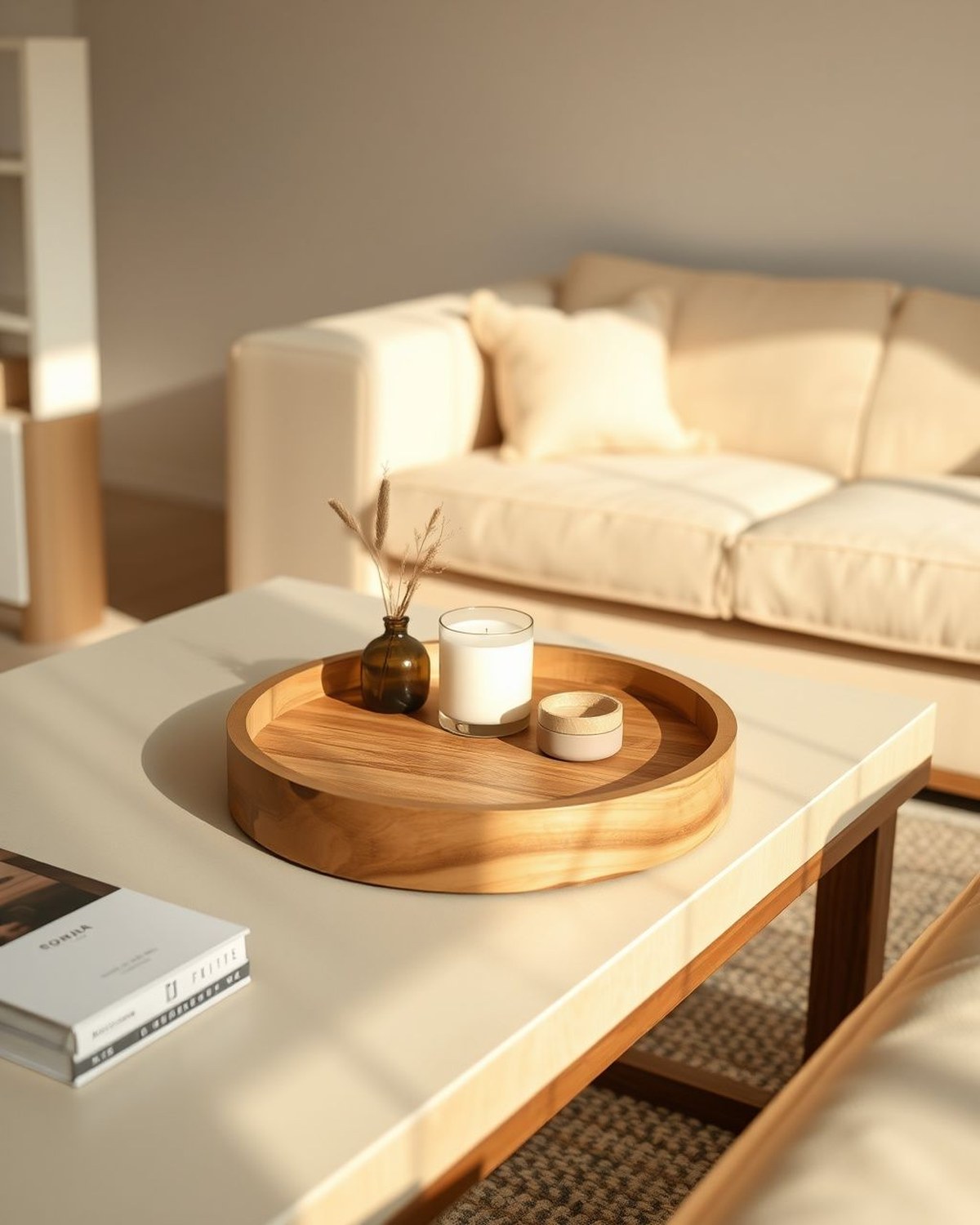 A small round natural-wood tray styled with a candle and minimal decor on a coffee table.