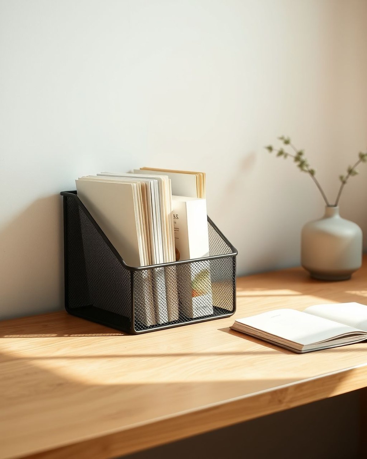 A black mesh inclined desktop rack holding file folders and notebooks upright at a slight forward tilt for easy grab-and-go access.