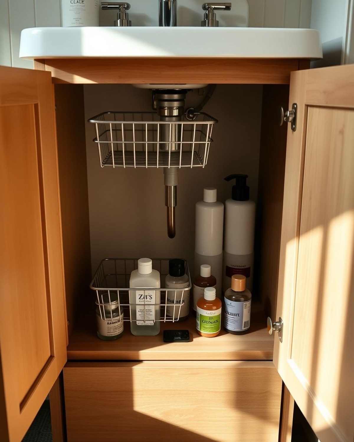 Two black 2-tier sliding wire baskets fitted around under-sink plumbing, with the lower drawers pulled out to show stored toiletries.