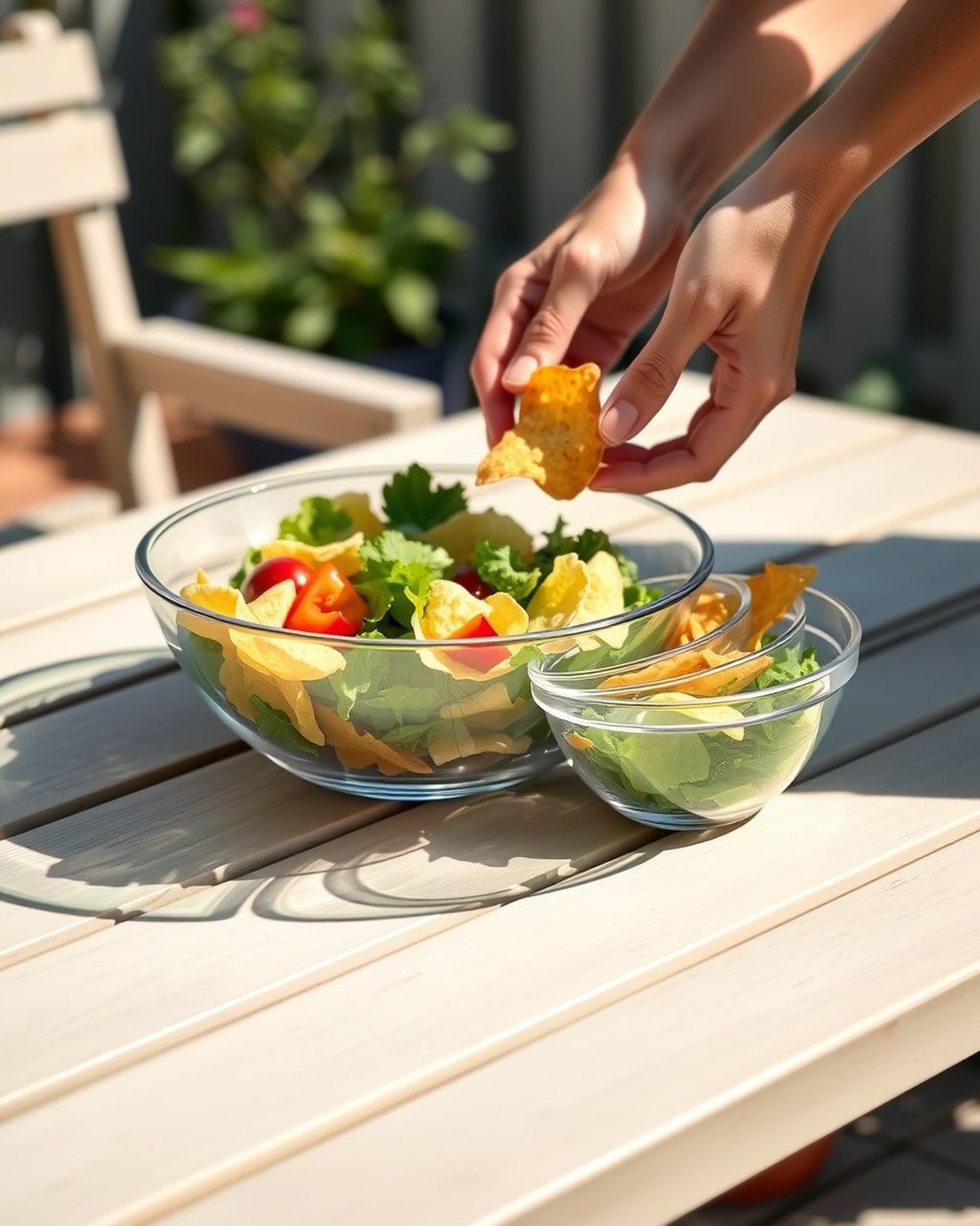 Three graduated clear shatter-resistant acrylic serving bowls nested and shown filled with salad and chips for outdoor dining.