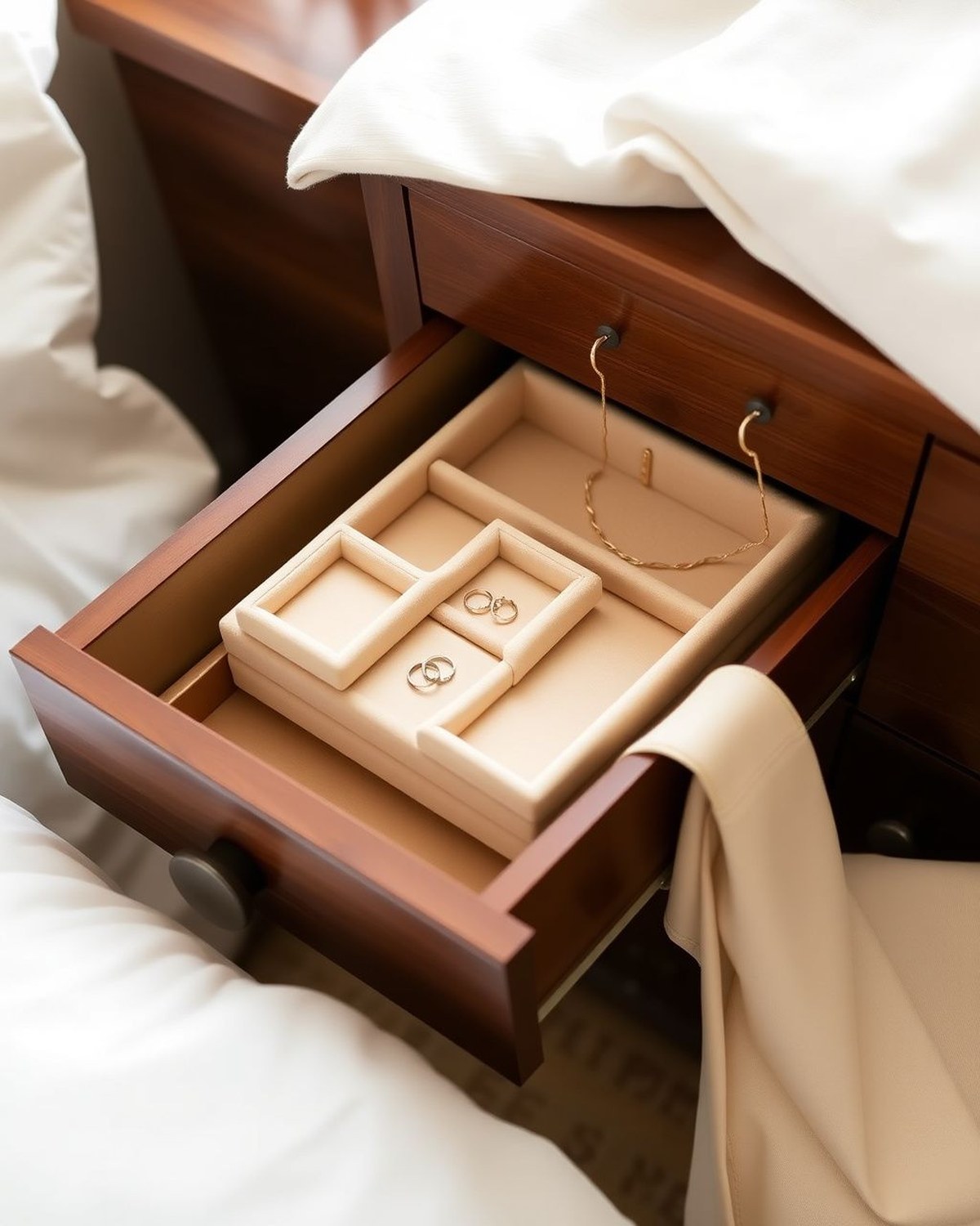 Four stackable beige velvet trays with molded compartments holding rings, earrings, and necklaces, nested inside a dresser drawer.