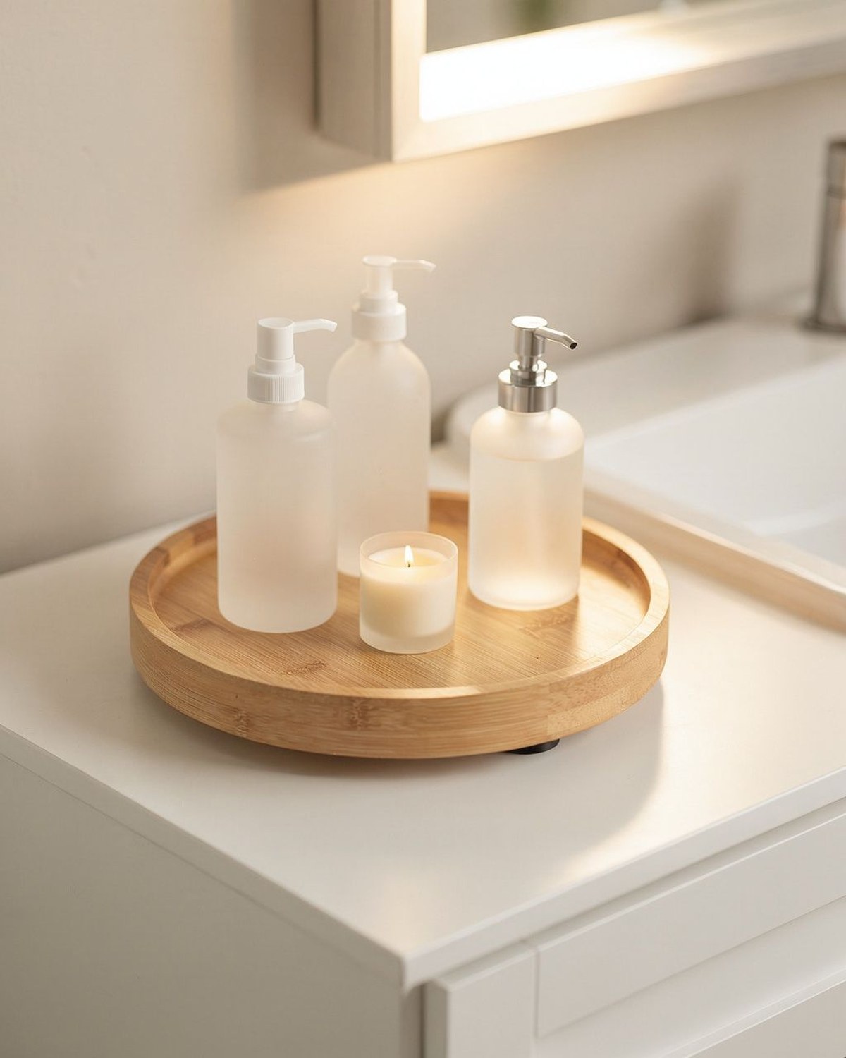 A round black-rimmed bamboo lazy-Susan tray spinning a cluster of perfume bottles, a candle, and a soap pump on a vanity counter.