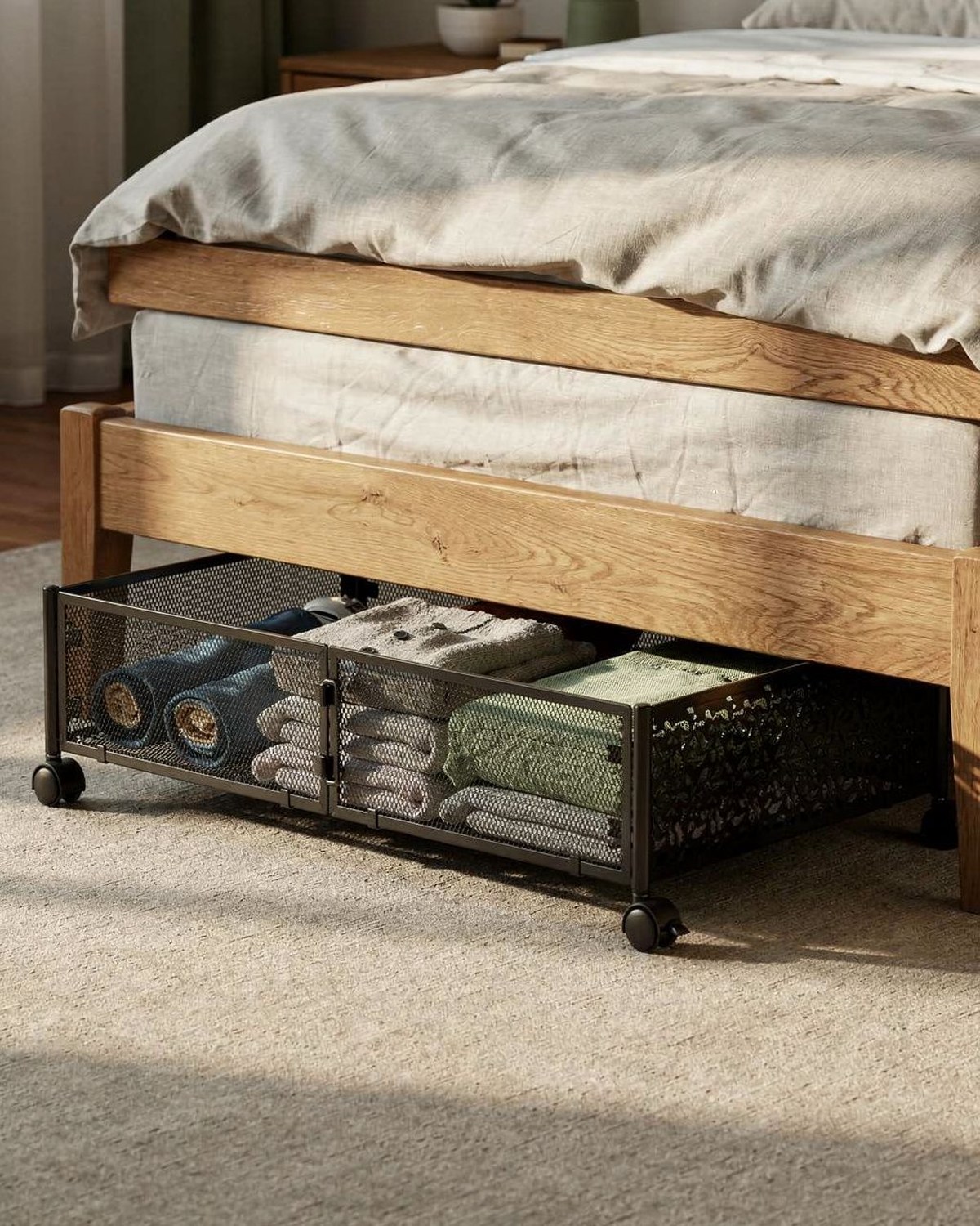 Two low grey fabric under-bed bins on wheels with clear top windows and zip lids, rolling out from under a bed frame.