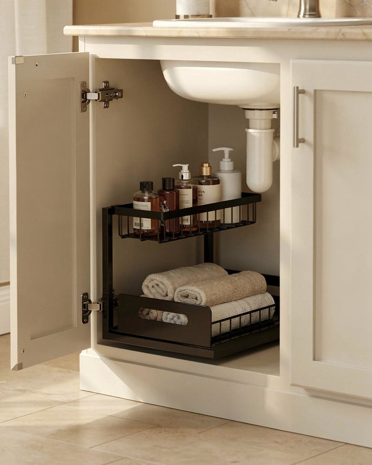A matte-black two-tier metal under-sink rack with an L-shaped narrow top basket that clears the pipes and a wide wire slide-out drawer underneath.