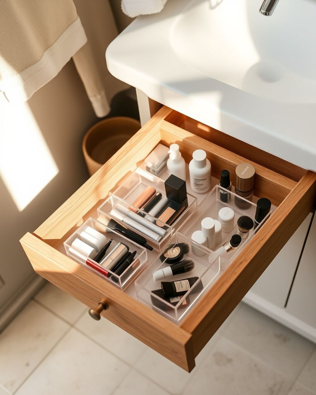 Six clear acrylic trays in mixed sizes arranged inside a vanity drawer, separating cosmetics, brushes, and small toiletries.