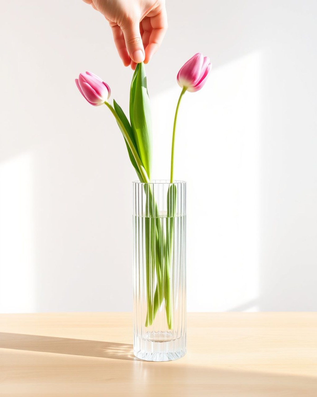 A tall clear ribbed-glass cylinder vase with vertical fluting, holding a few tulip stems on a coffee table and refracting the light along its ridges.