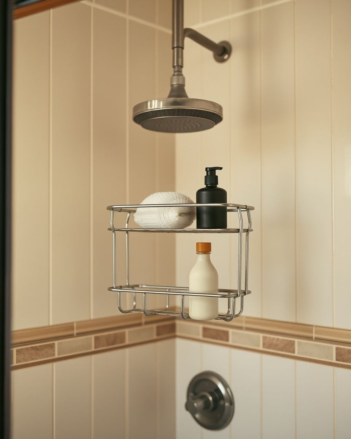 A silver aluminum caddy hanging over a showerhead with two shelves, a soap basket, and a row of hooks holding a razor and sponge.