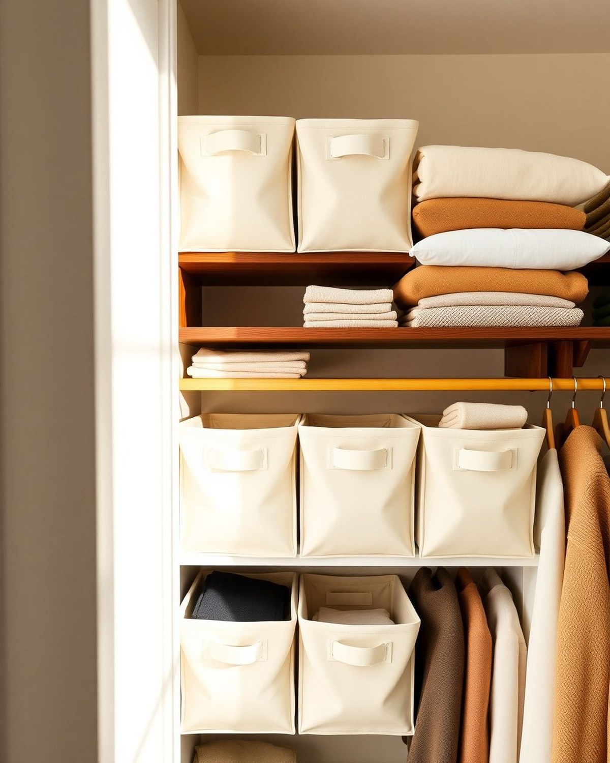 Six soft trapezoid-shaped fabric bins with reinforced front handles lined along a closet's top shelf, corralling folded linens and off-season clothes.