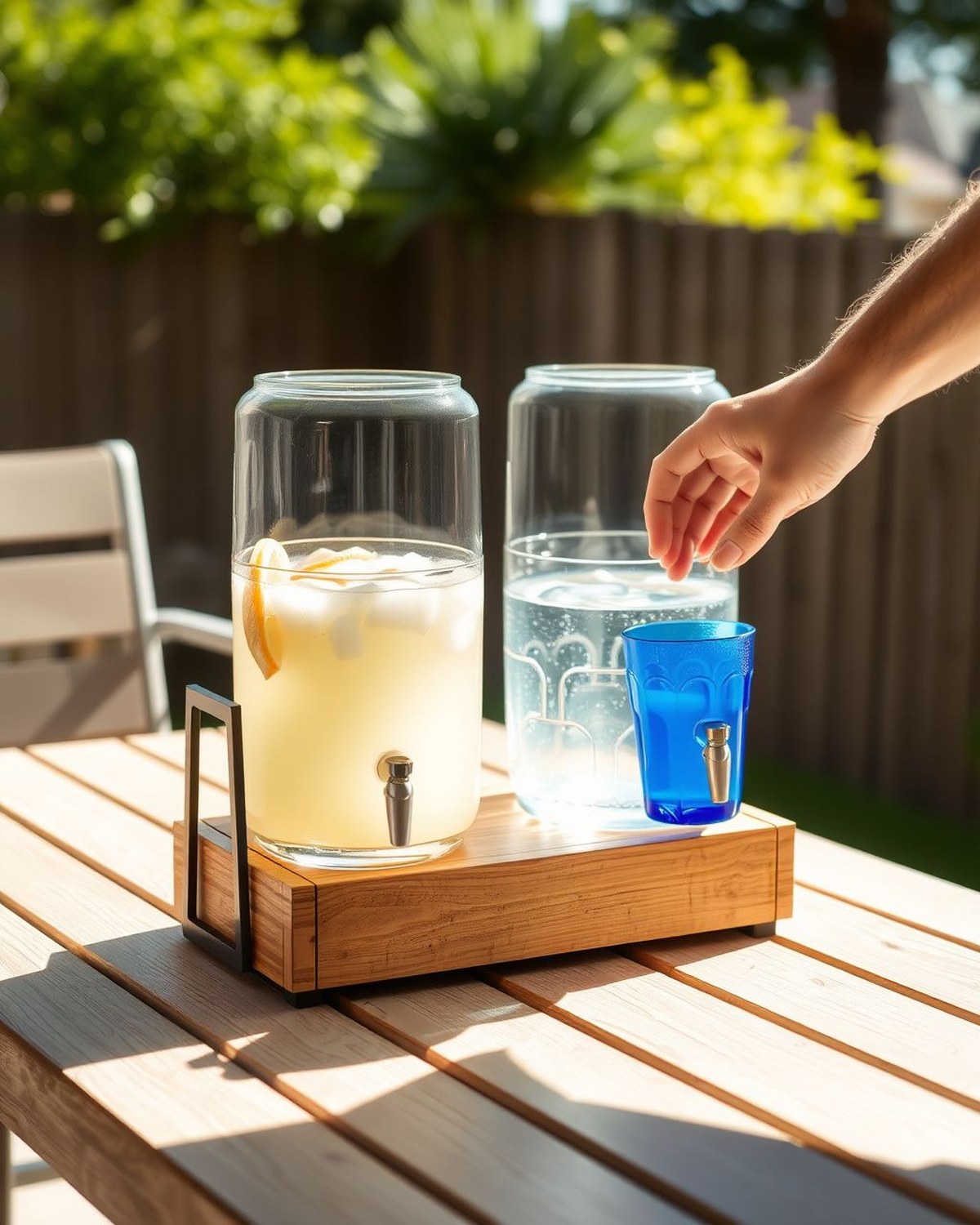 Two glass beverage dispensers on a wood-and-metal stand with stainless spigots, filled with lemonade and iced tea for a party.