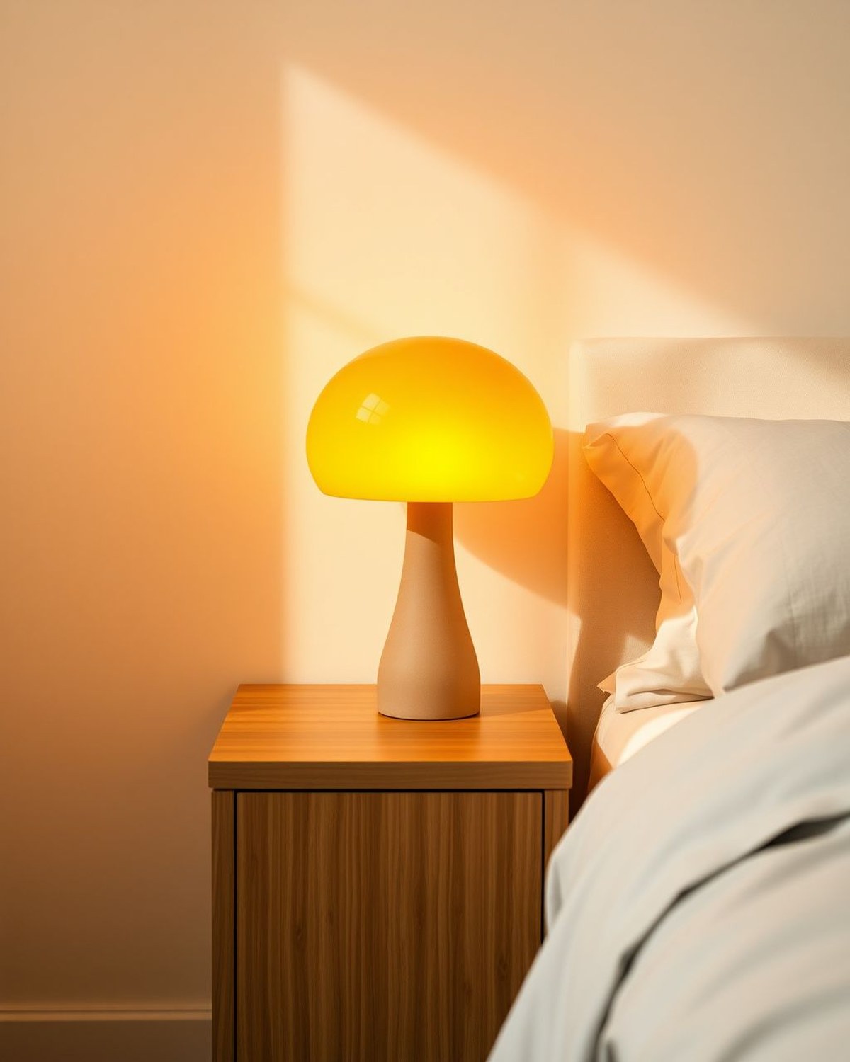 A small rounded mushroom-shaped lamp with a translucent glass dome shade glowing warm amber on a nightstand, its curved retro silhouette catching the light.
