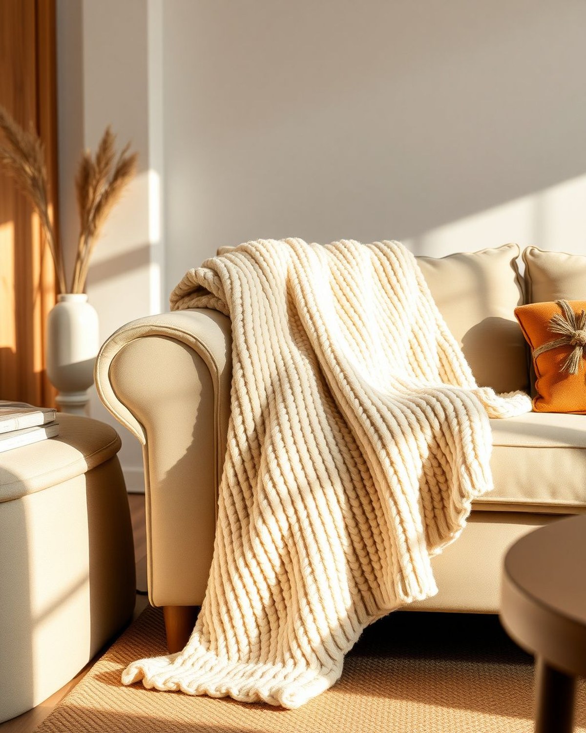 A thick hand-knit chenille throw blanket draped over the arm of a sofa in a cream/neutral tone.