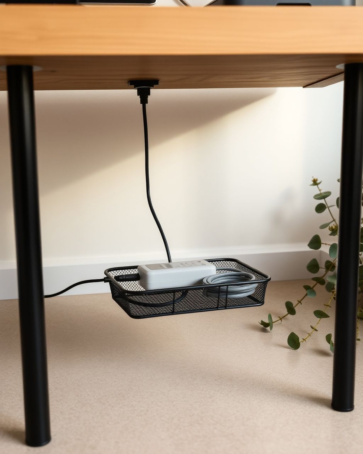 A long black metal-mesh basket tray clamped under a desktop, holding a power strip and coiled cords up off the floor.