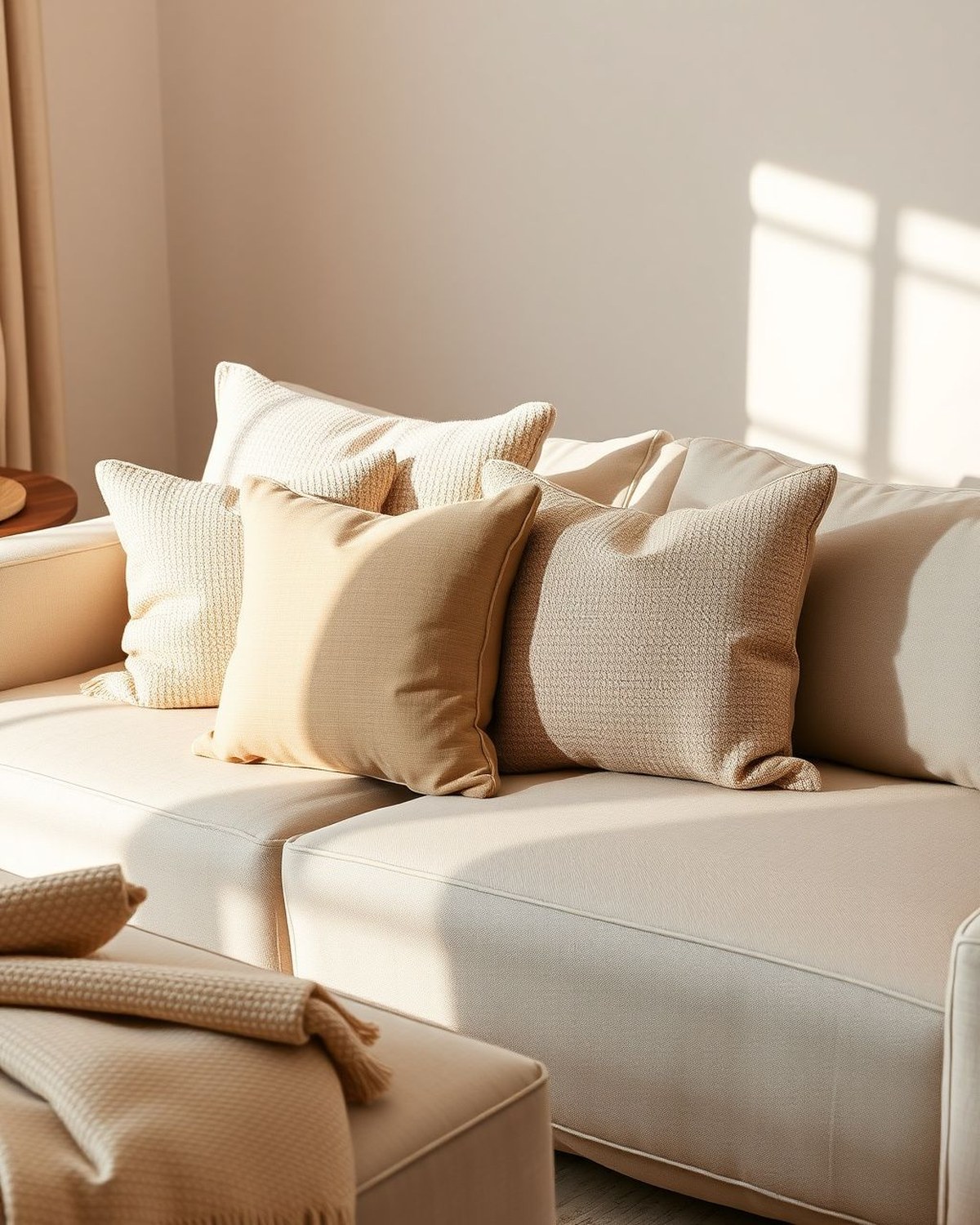 A set of four textured throw pillow covers in soft neutral tones styled on a light-colored couch.