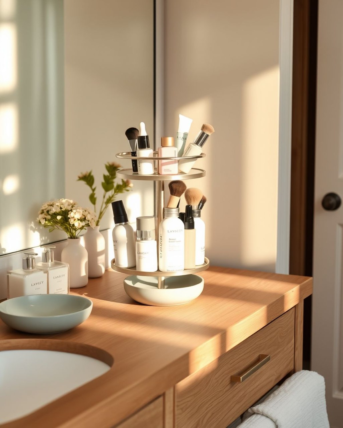 A two-tier sage-green spinning carousel organizer on a counter, loaded with makeup and skincare, caught mid-rotation.