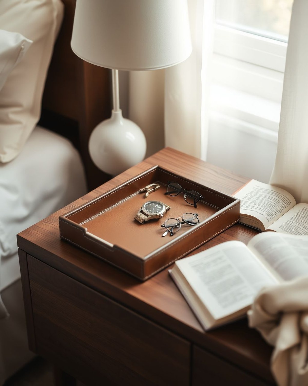 A compact rectangular leather valet tray with raised stitched edges holding a watch, rings, glasses, and phone on a nightstand.