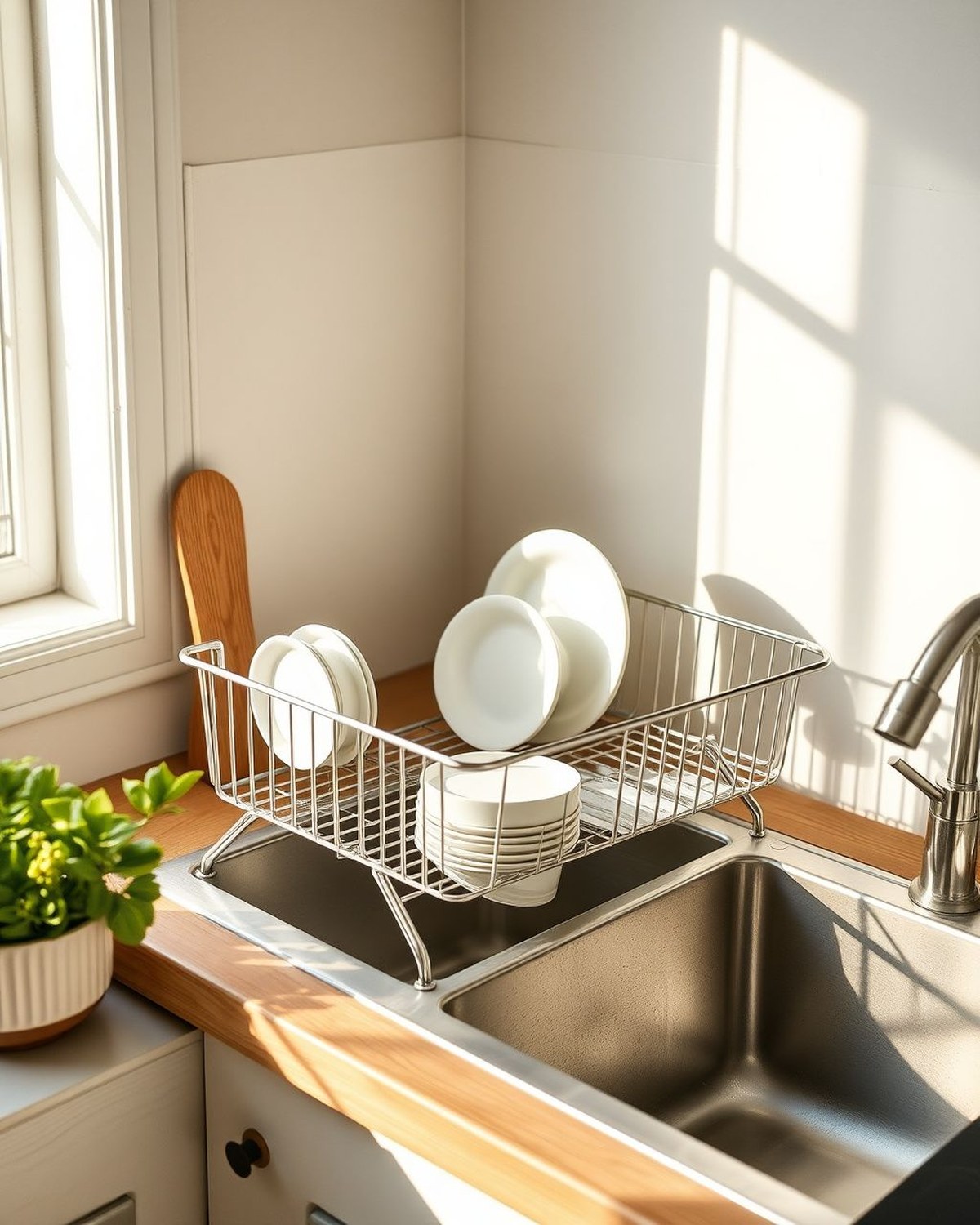 An expandable stainless-steel dish drying rack stretched across a sink with dishes and utensils.