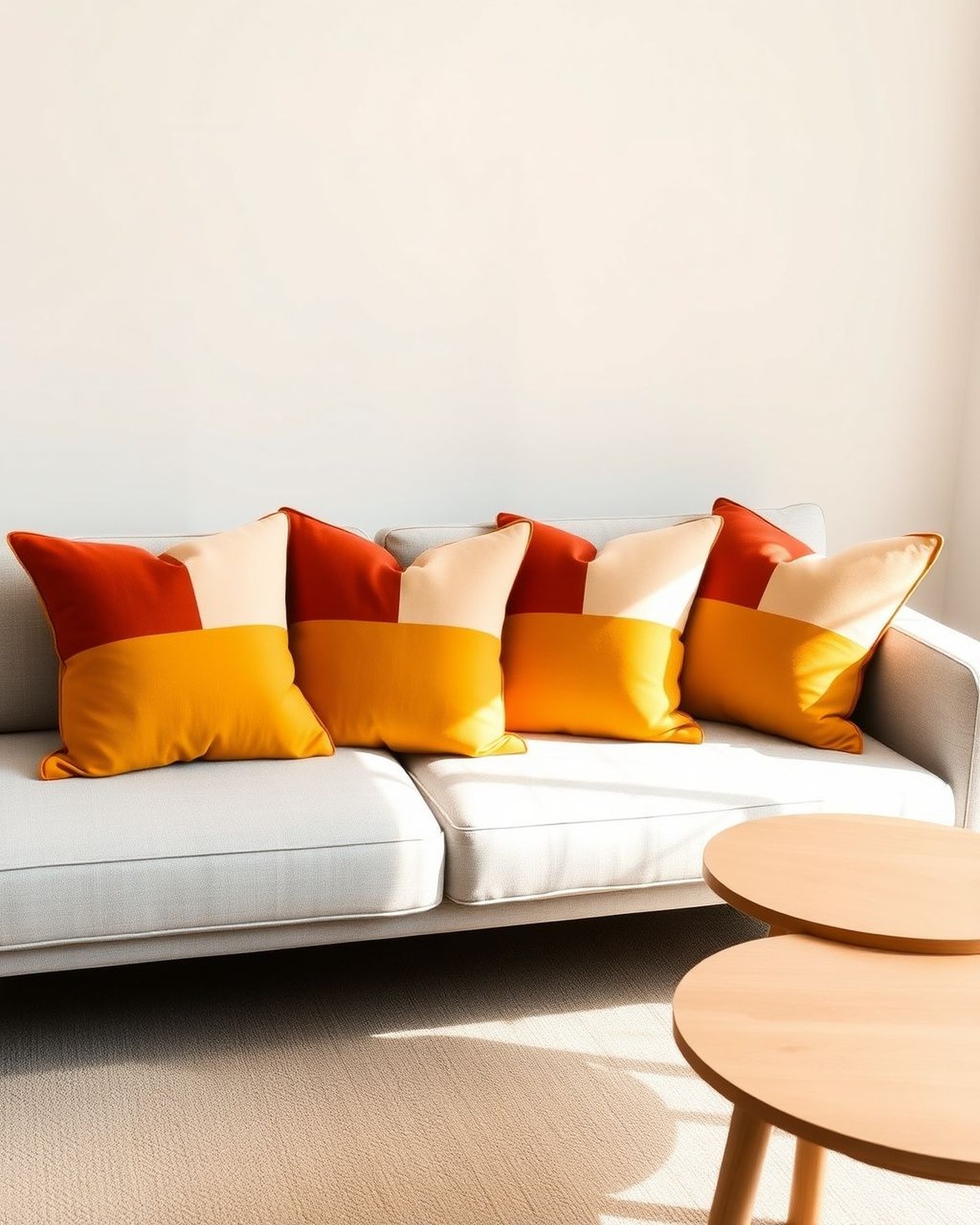 Four textured woven pillow covers in warm burnt-orange, mustard, and green tones arranged on a neutral sofa, adding a bold color-block accent.