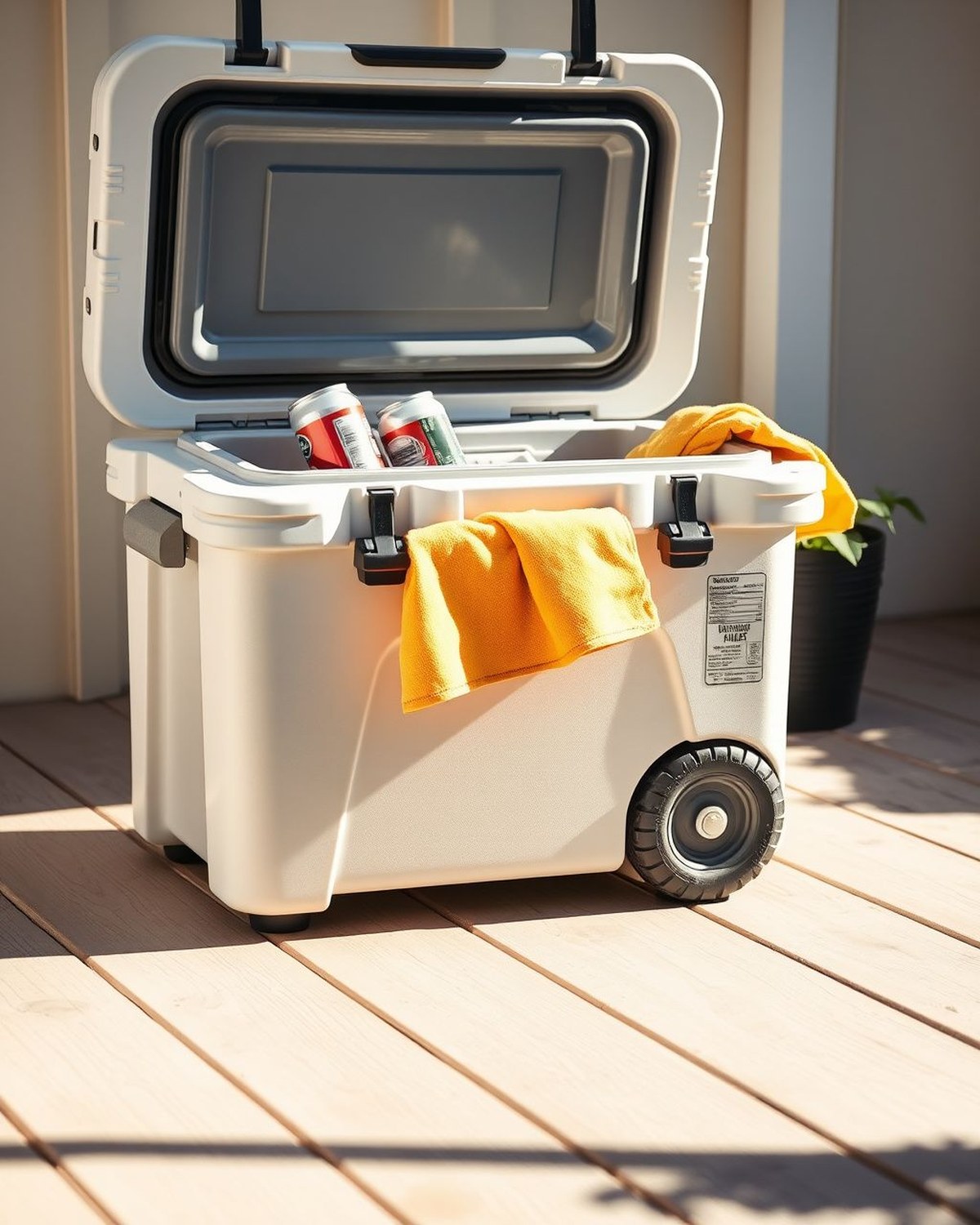 A gray insulated soft-sided cooler on an all-terrain wheeled cart with a telescoping handle, packed for a picnic.