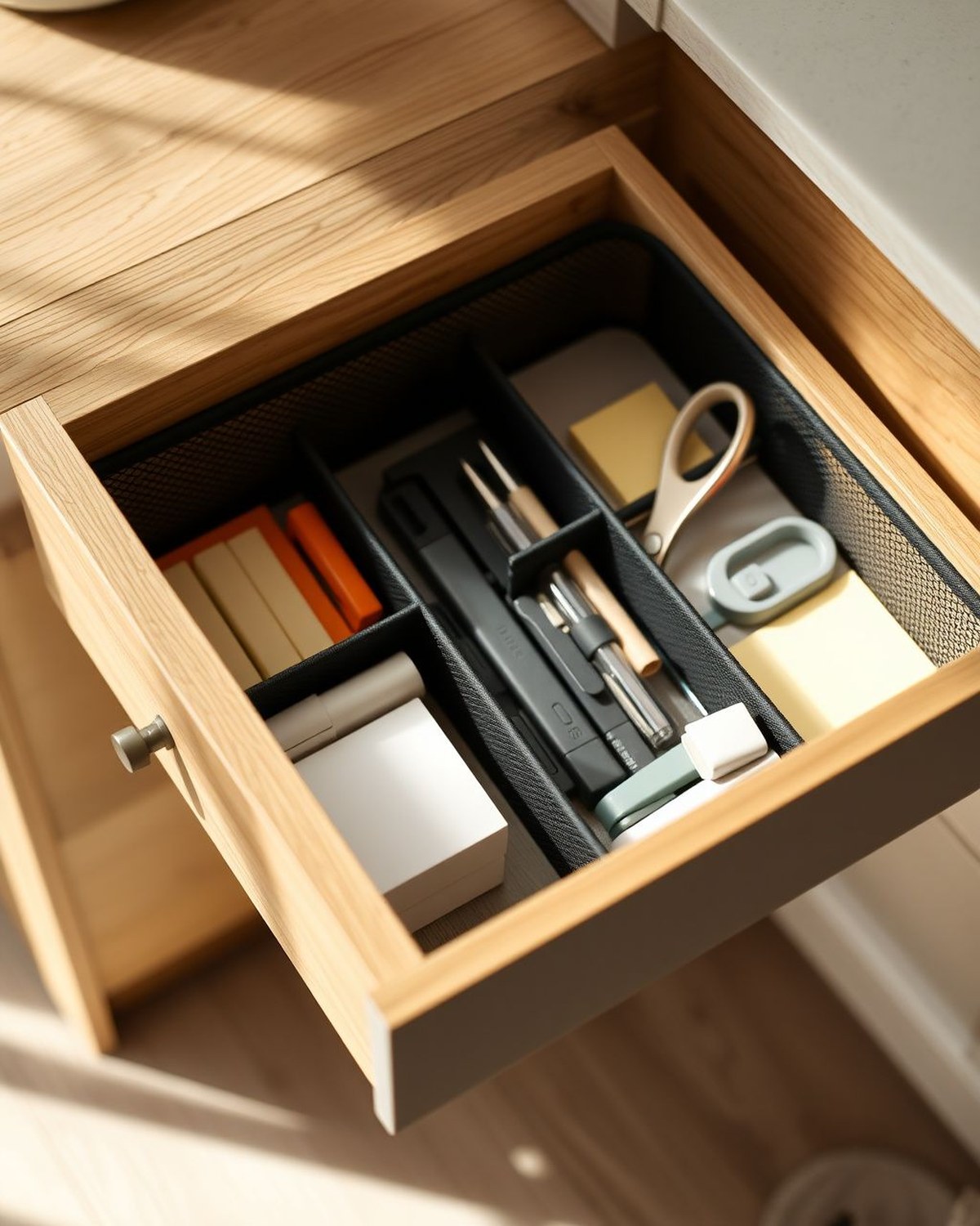 A black mesh expandable tray fitted inside a desk drawer, its adjustable dividers separating pens, scissors, sticky notes, and cables into tidy compartments.